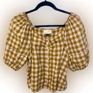 Universal Threads WOMENS Medium Blouse Pink/Olive Green Plaid with Puffy Sleeves